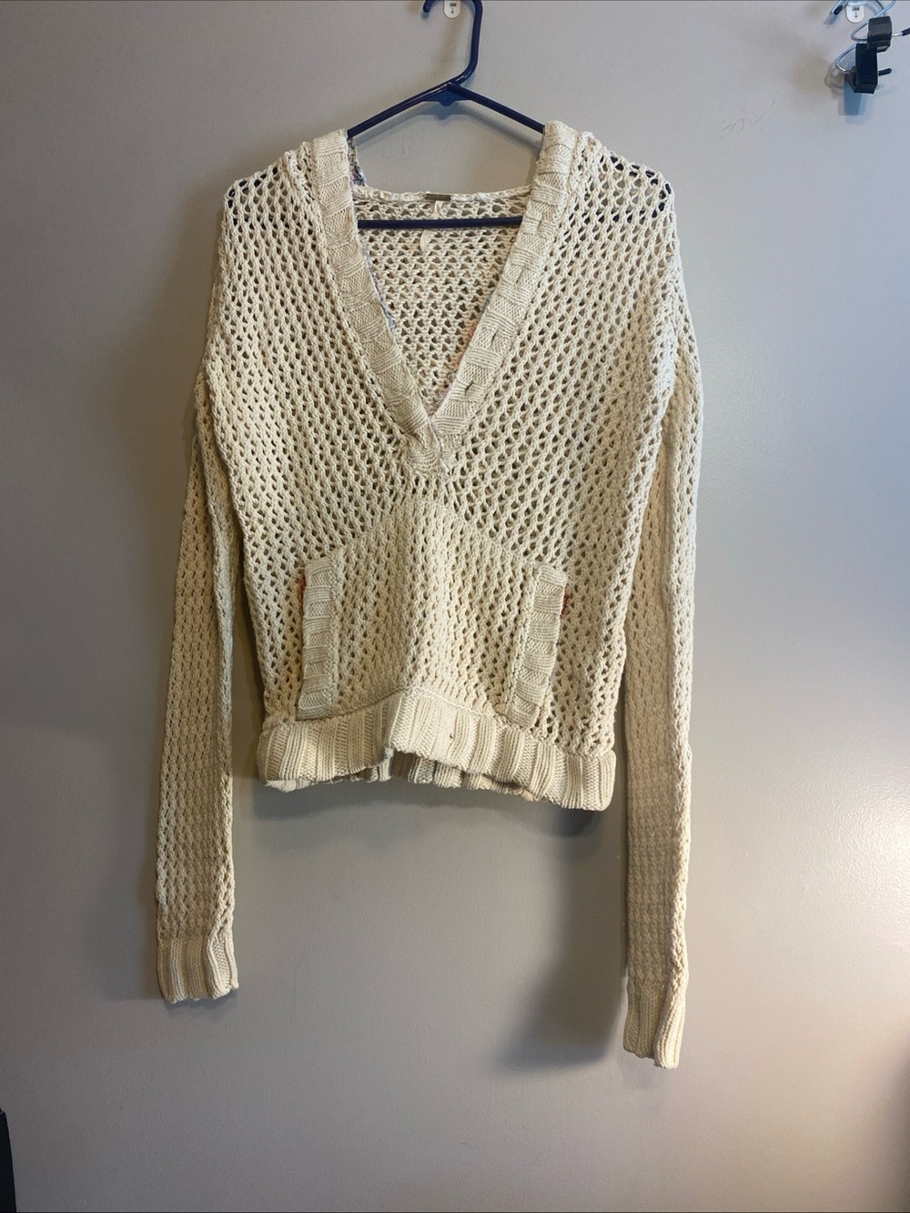 Free People Women’s Sweater Beach Hobo Open Knit Hoodie Cream V Neck No Size Tag